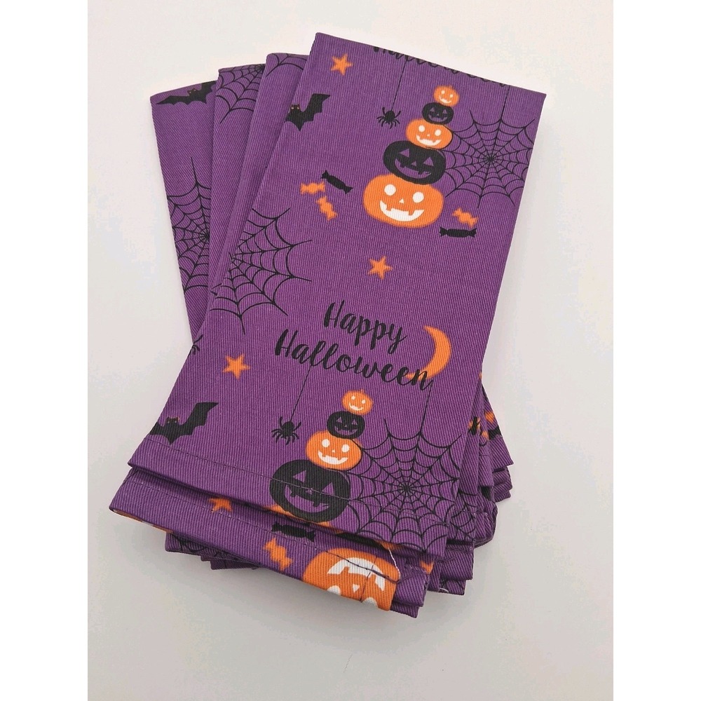 (4) NEW Utopia Kitchen Halloween Purple Cloth Napkins w/Festive Designs 18x18